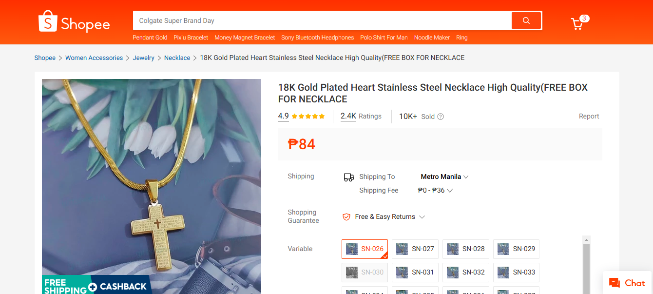 Gold-Plated Stainless Steel Snake Chain Necklace with Pendant