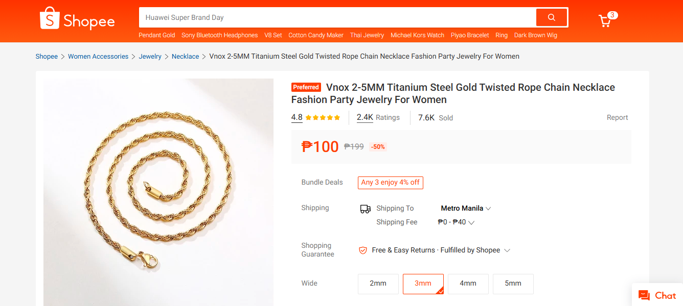 Gold Twisted Rope Chain Necklace (3mm*60cm) without Box