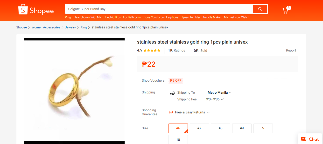 Stainless Steel Plain Gold Ring (Per Piece)