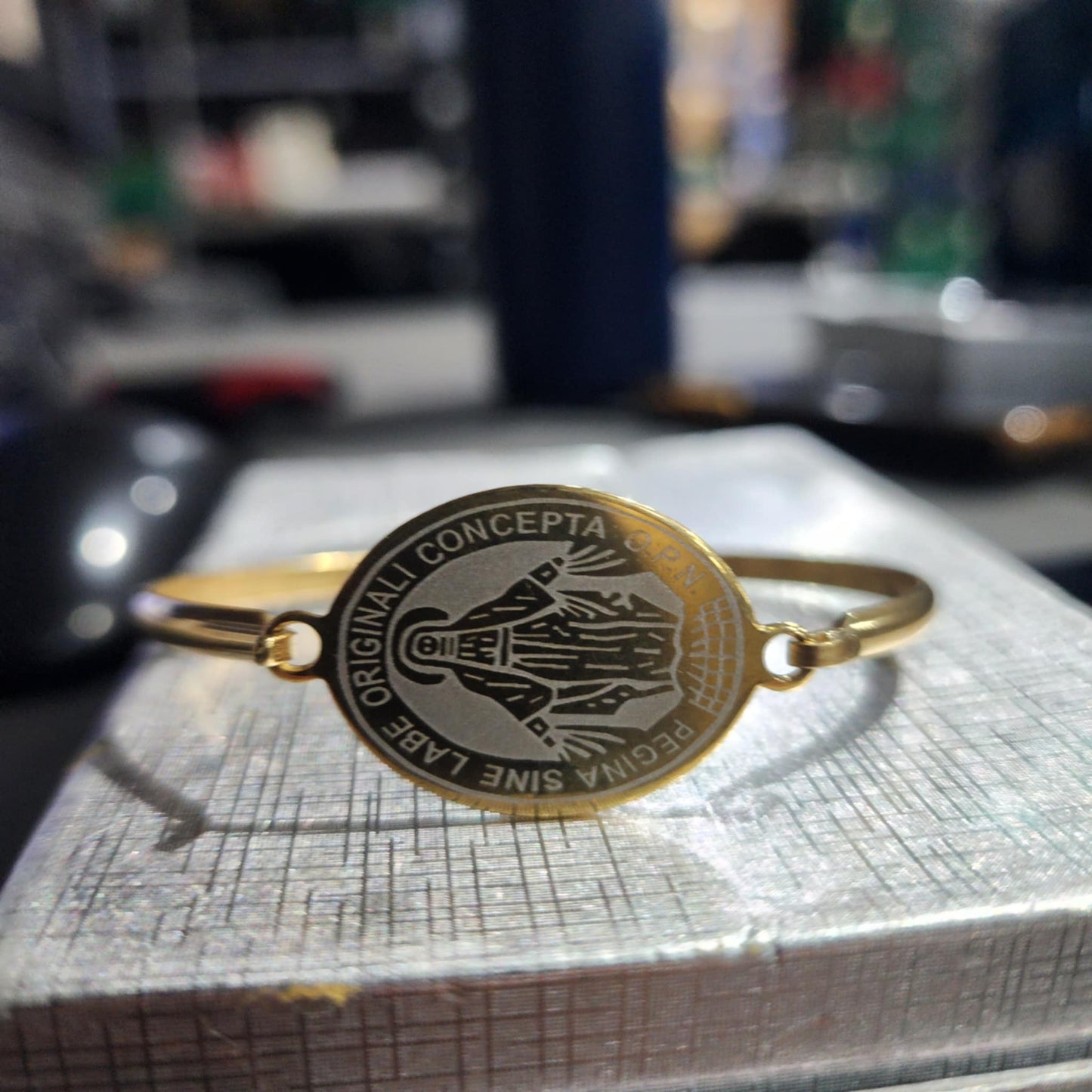 Religious Stainless Steel Gold Bangle Bracelet