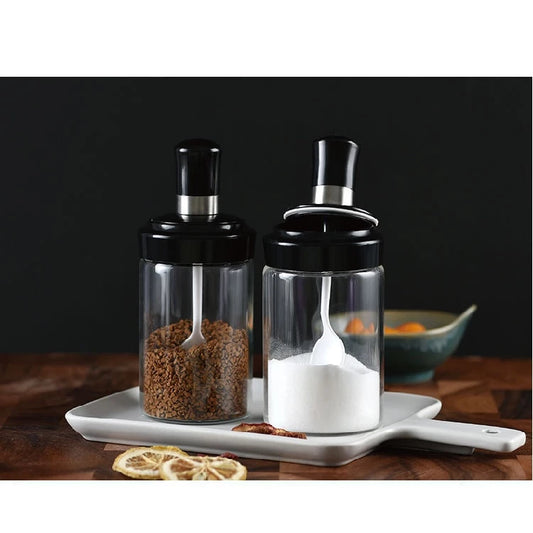 Seasoning Glass Jar with Integrated Spoon and Lid