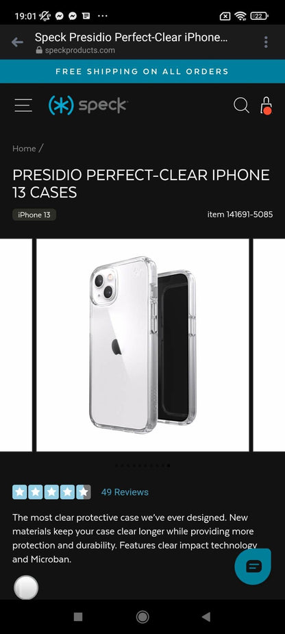 SPECK (UNIT: IPHONE 13 COLOR: PRESIDIO PERFECT CLEAR TRANSPARENT)