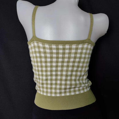 (A4M4H)Plaid Knitted Vest Square Neck Crop Top