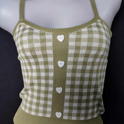 (A4M4H)Plaid Knitted Vest Square Neck Crop Top