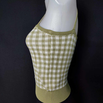 (A4M4H)Plaid Knitted Vest Square Neck Crop Top