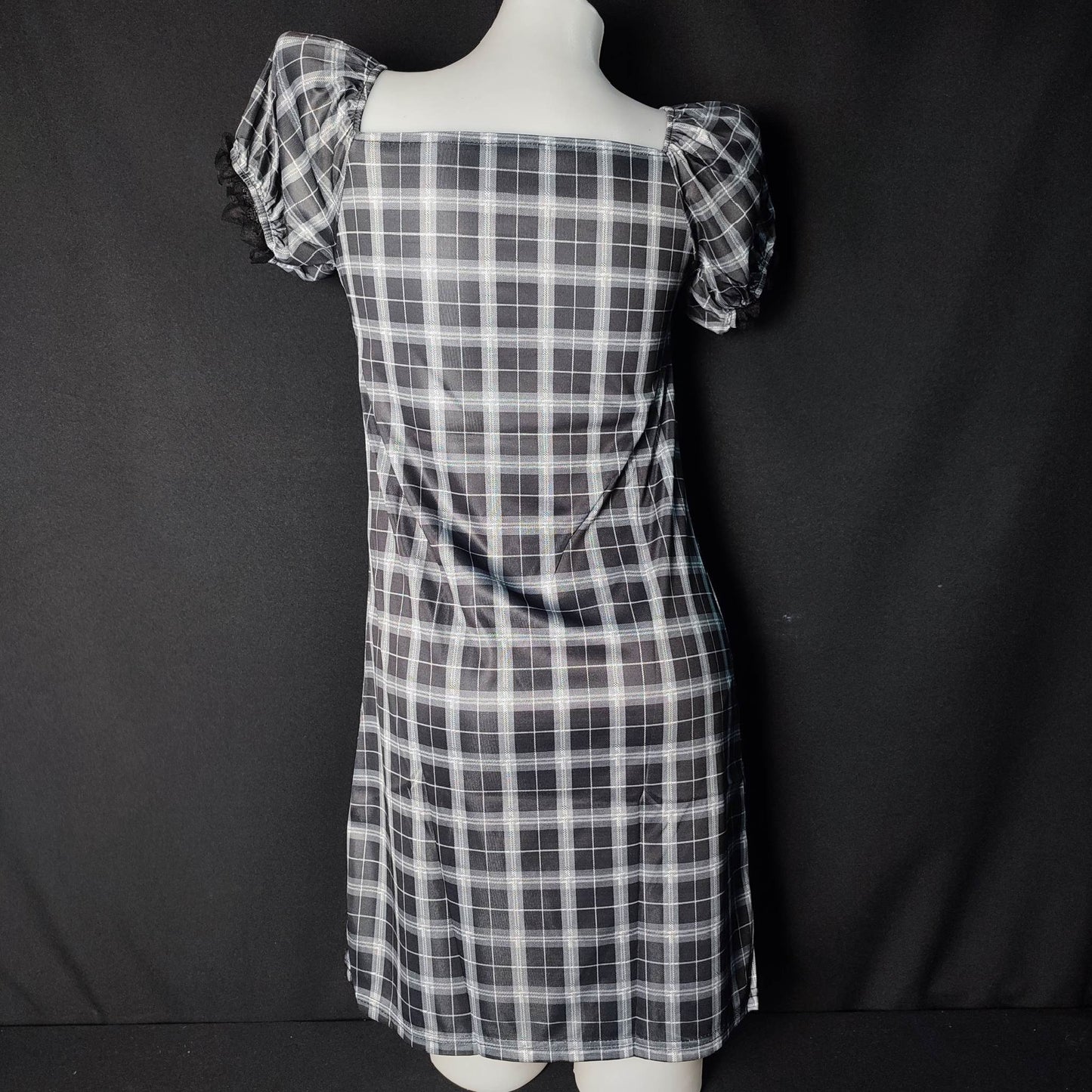 (GLUNT)Retro Plaid Stitching Short Sleeve Dress A-Line Skirt