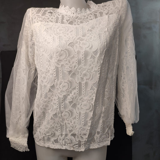 (HDXAEG)CodWomen Long Sleeve Openwork Lace Mesh Blouse