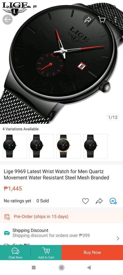 Lige Metal Mesh Watch W/Box - Black Strap