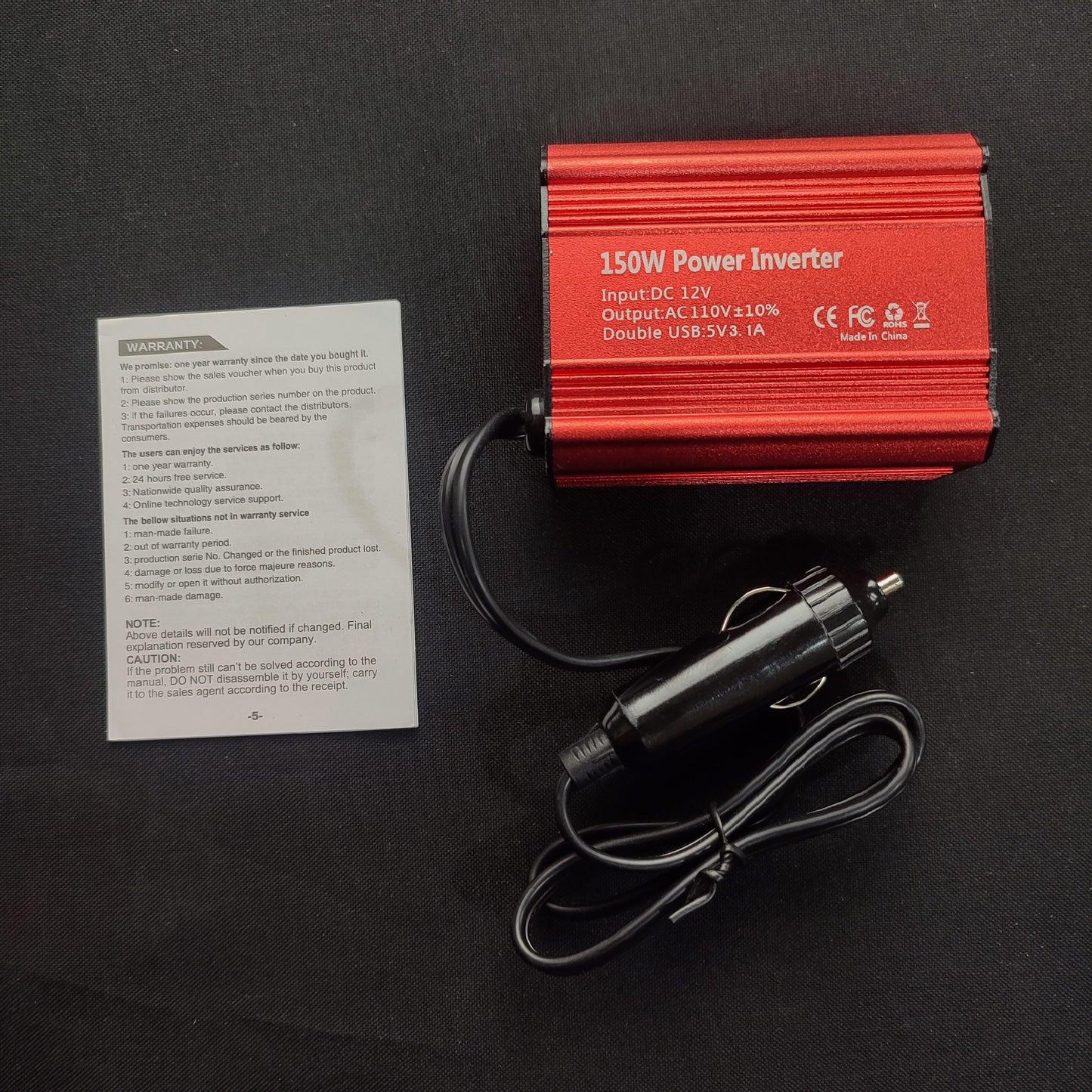 Car Inverter 150W with Dual USB Charging Ports- Red