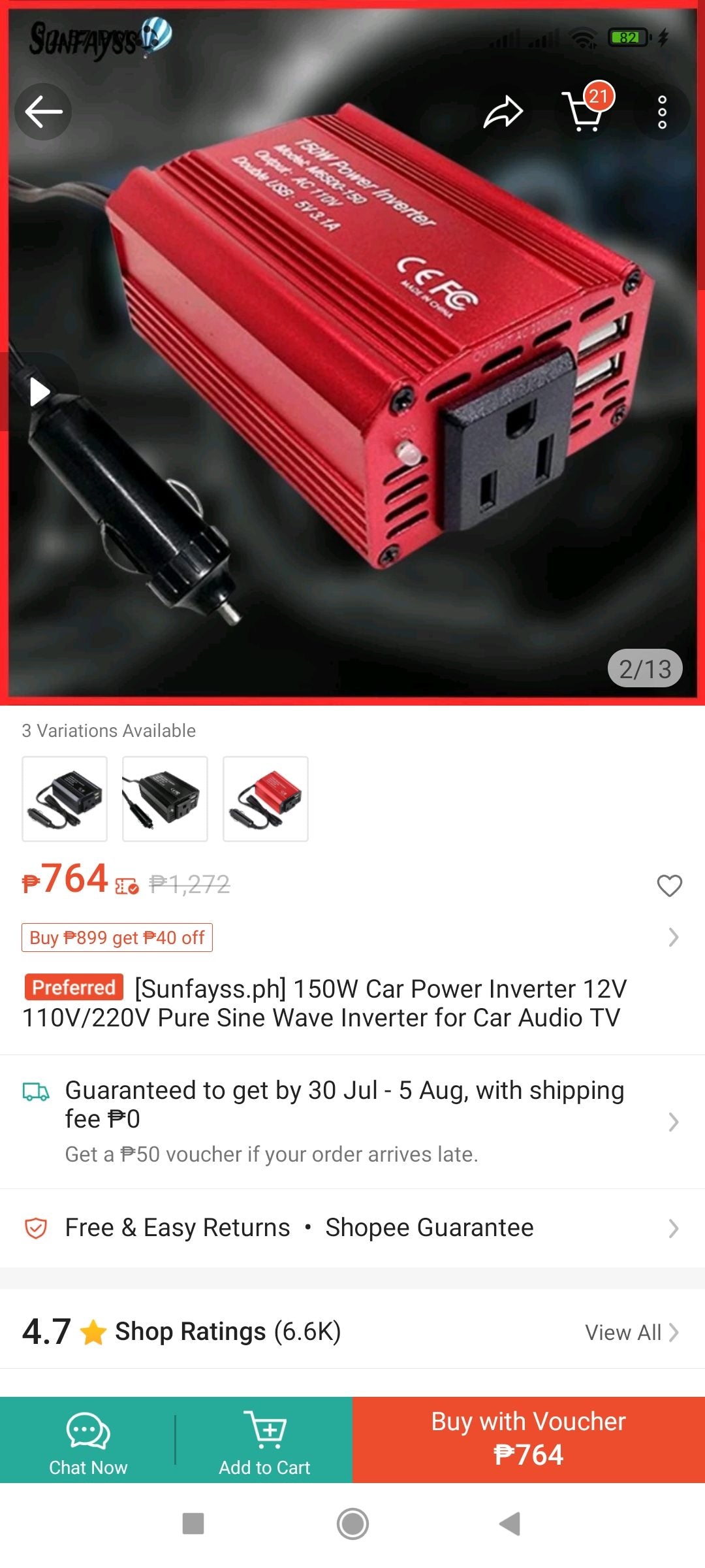 Car Inverter 150W with Dual USB Charging Ports- Red