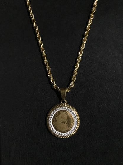 Gold-Plated Stainless Padre Pio Crystal Pendant with Roped Chain Necklace