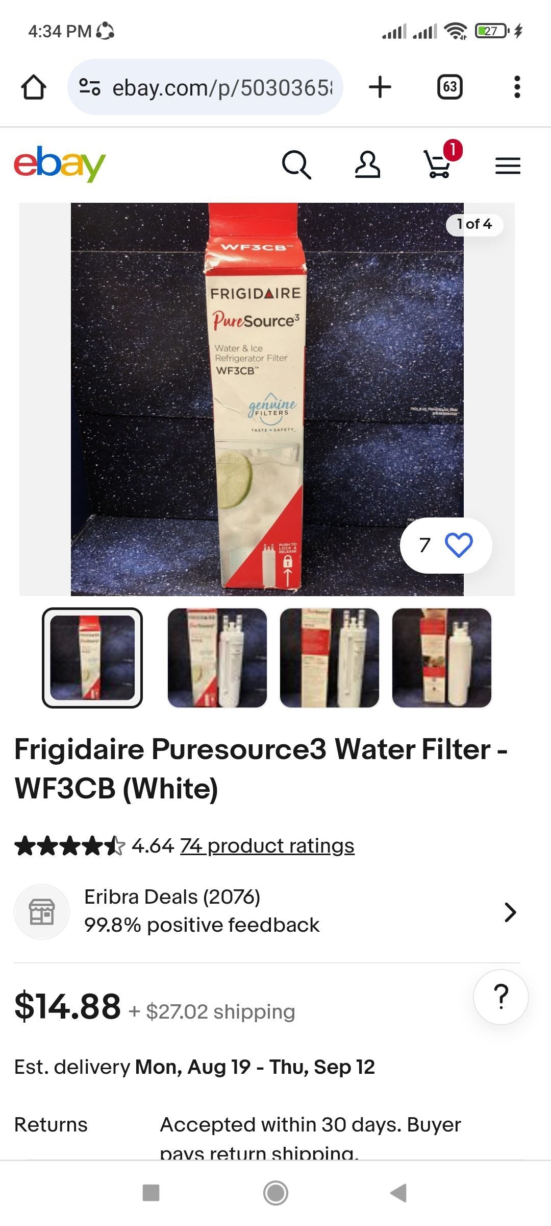 FRIGIDAIRE Pure Source Water & Ice Refrigerator Filter WF3CB