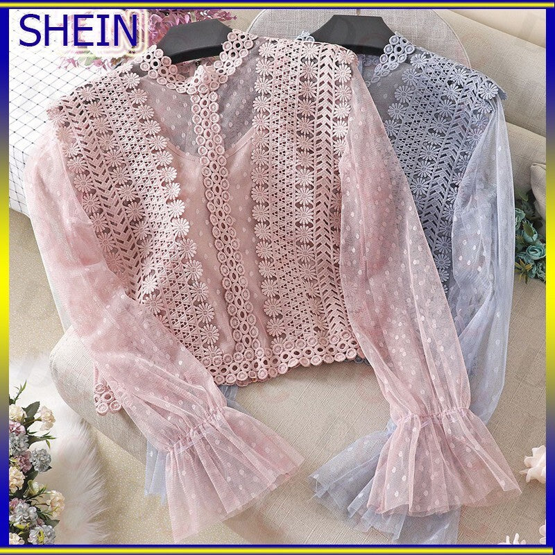 (HNI1NS)Cod2Pcs Mesh Top + Suspender Cutout Collar Flared Sleeves Lace Sh