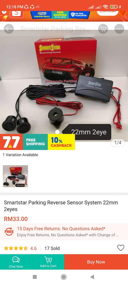 RSW-A SmartStar Reversing Sensor Ultrasonic Parking Sensor 4 Sensor - Blac