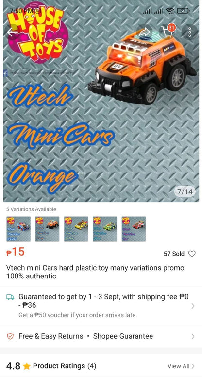 Vtech mini Cars hard plastic toy many variations promo 100% authentic-Orange,Car