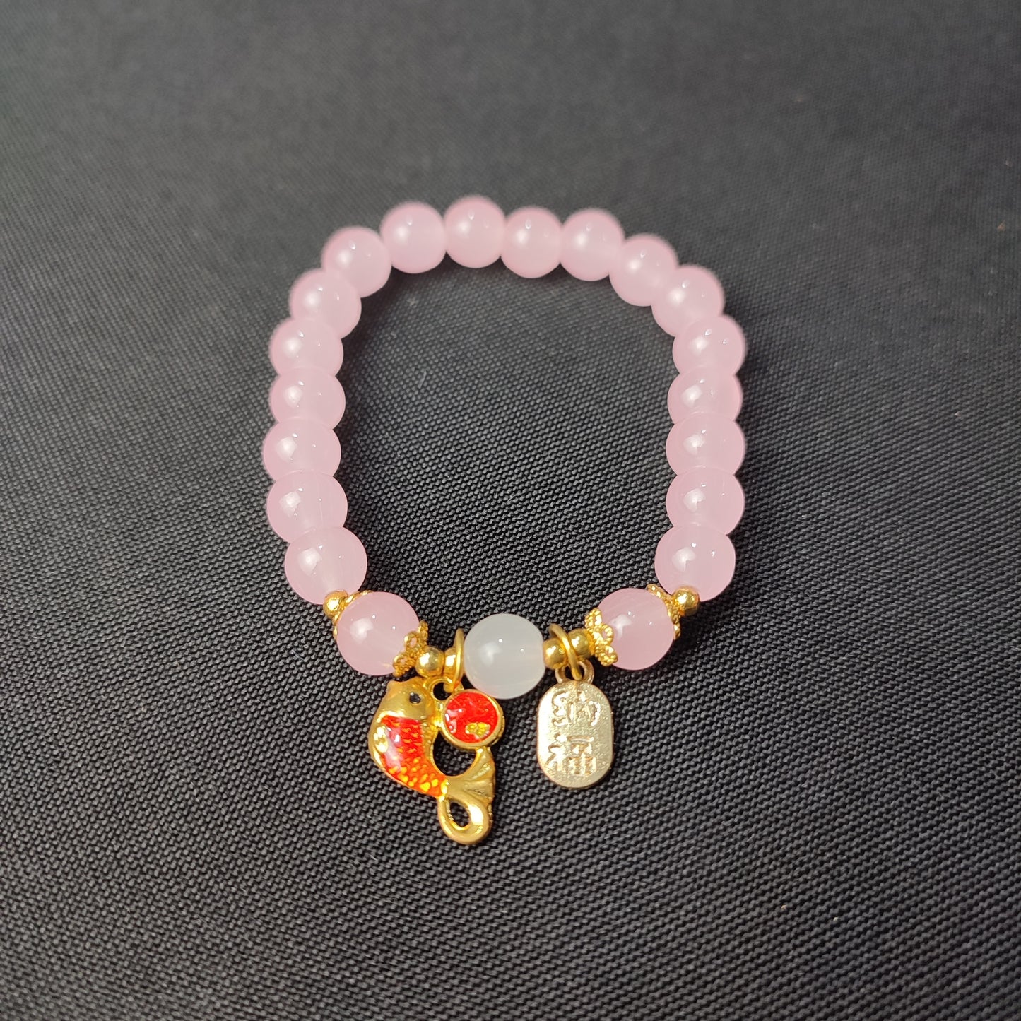 Pink Beaded Lucky Charm Bracelet (Koi Fish Charm) with Color Box