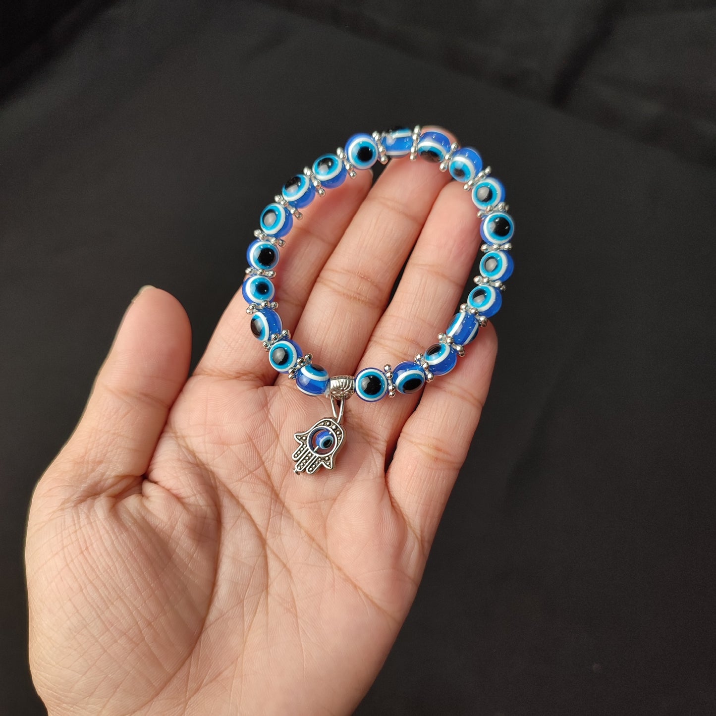 Blue Eye Beaded Lucky Charm Bracelet (Small Hand Eye Charm) with Color Box