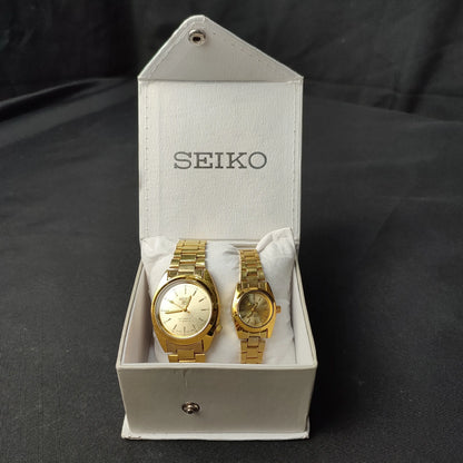 Seiko 5 Gold Analog Couple Watch - White Hand with Quality Box