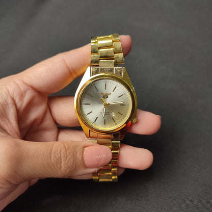 Seiko 5 Men's Gold Analog Watch White Hand with Regular Box