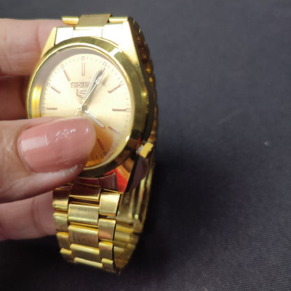 Seiko 5 Men's Gold Analog Watch White Hand with Regular Box