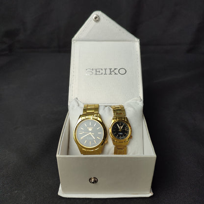 Seiko 5 Gold Analog Couple Watch - White Hand with Quality Box