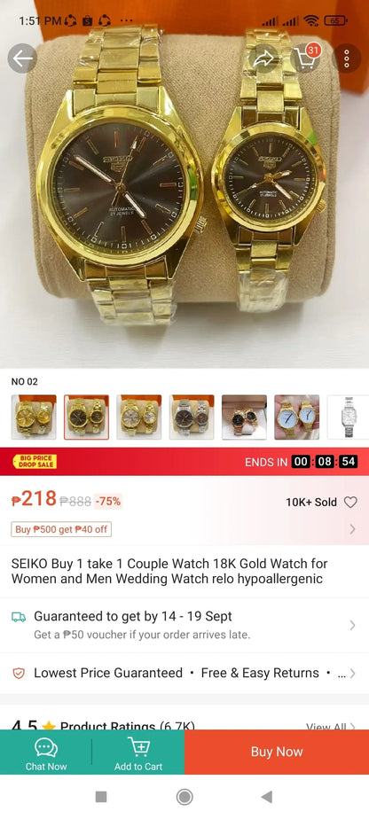 Seiko 5 Gold Analog Couple Watch - White Hand with Quality Box