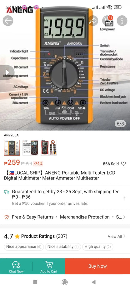 Aneng Digital Multimeter - Yellow with box