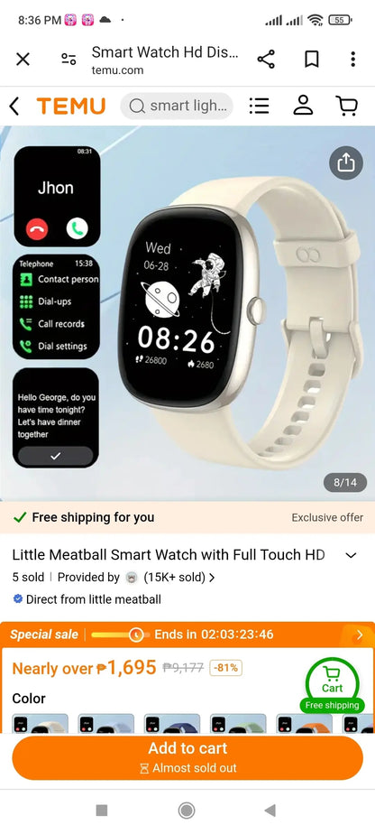 Little Meatball T2 Smart Watch Full-Touch - Light White