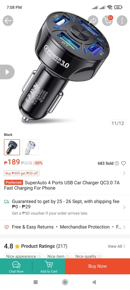 WGS-G36 66w Car Charger 4USB Fast Charging - Black