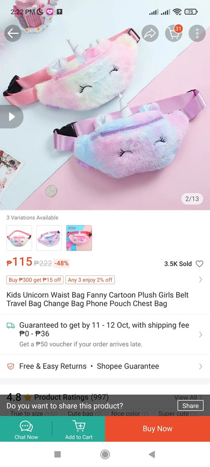 (NADRVU)Cute Unicorn Plush Shoulder Bag For Kids