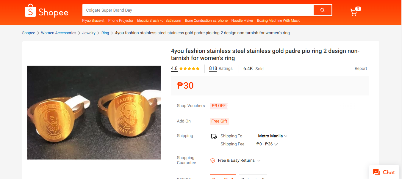 Padre Pio Healing and Protection Stainless Steel Gold Ring (Per Piece)