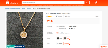 Gold-Plated Stainless Padre Pio Crystal Pendant with Roped Chain Necklace