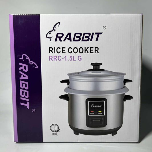 Rabbit Rice Cooker 1.5 liters Silver body Glass Lid w/ Steamer RRC 1.5L G