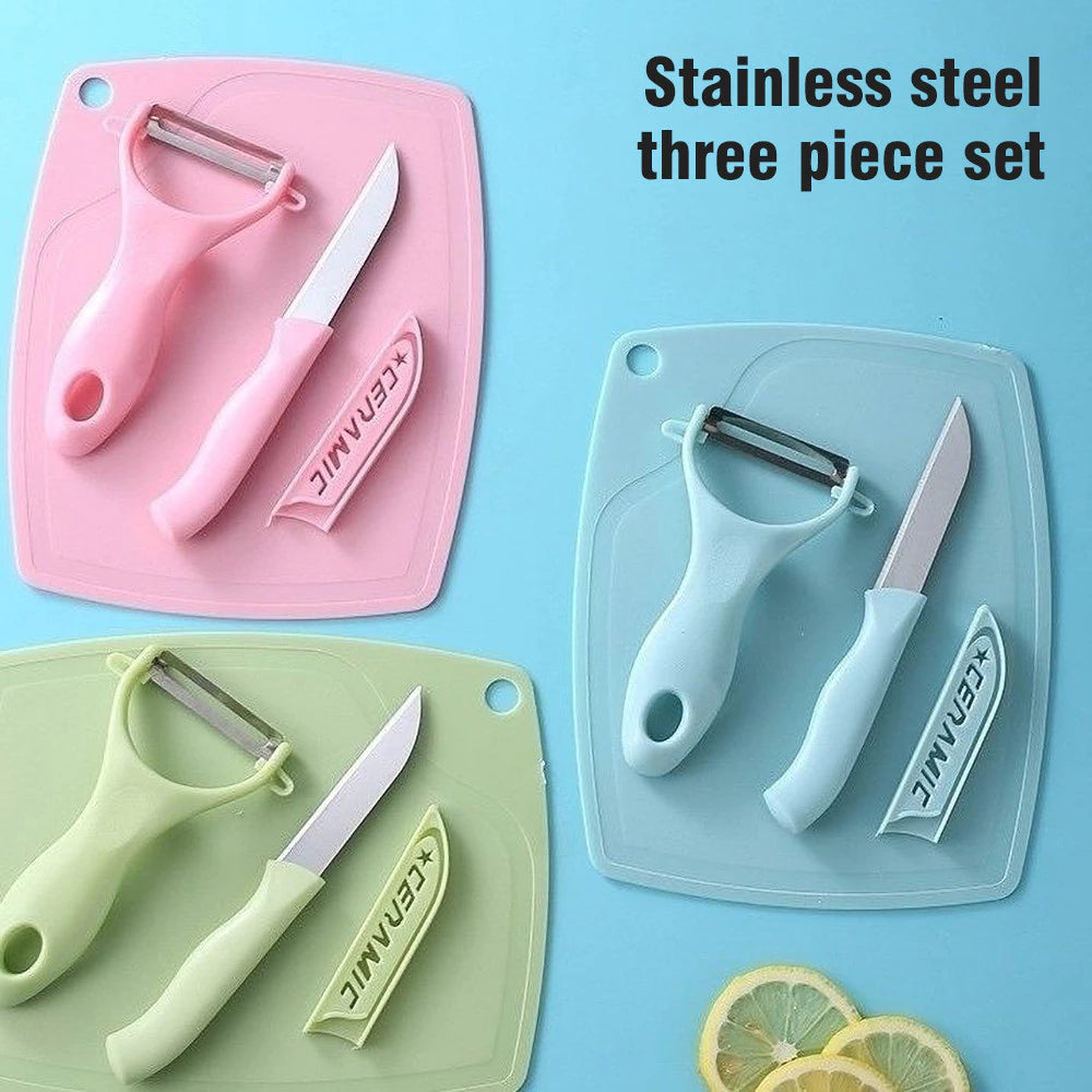 [A1-844] 3pcs Set Ceramic Stainless Steel Fruit Knife Peeler Cutting Board